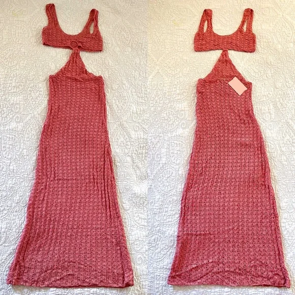 Cult Gaia Tyra Crochet Cutout Maxi Dress Sheer Beach Jaipur Pink XS NWT - Picture 2 of 11
